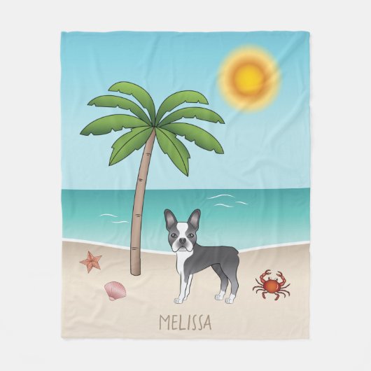 Blue Boston Terrier bij een tropische zomervakanti Fleece Deken (Voorkant)