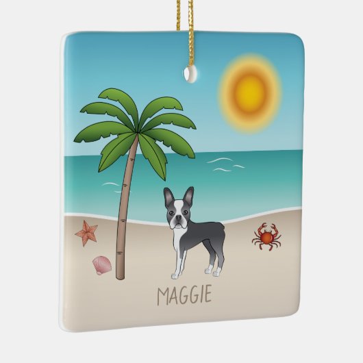 Blue Boston Terrier bij een tropische zomervakanti Keramisch Ornament (Rechts)