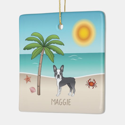 Blue Boston Terrier bij een tropische zomervakanti Keramisch Ornament (Links)