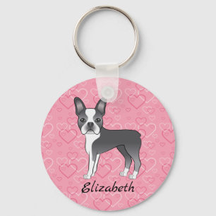 Blue Boston Terrier Dog op roze harten en naam Sleutelhanger