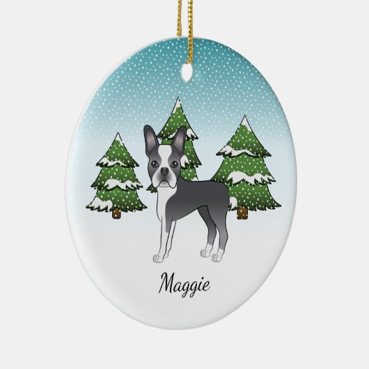Blue Boston Terrier in a Winter Forest & Name Keramisch Ornament (Rechts)