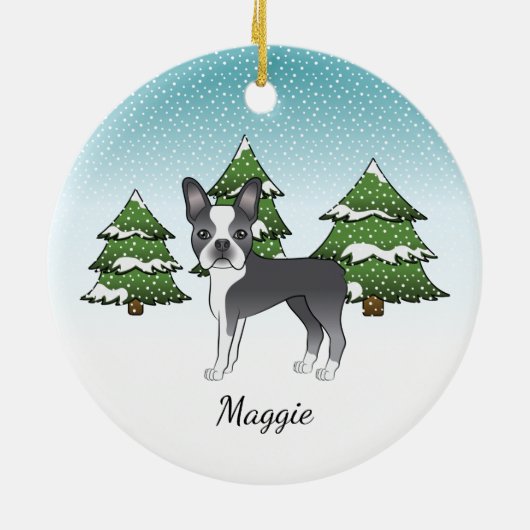 Blue Boston Terrier in a Winter Forest & Name Keramisch Ornament (Achterkant)