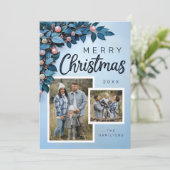 Blue Botanical 2 Foto Kerstvakantie Kaart (Staand voorkant)