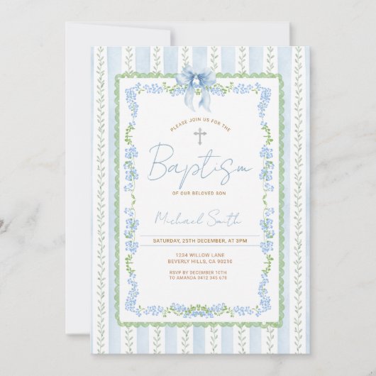 Blue Botanical Baptism Invitation Boy Christening Kaart (Voorkant)