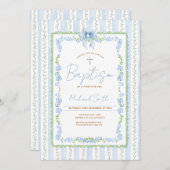 Blue Botanical Baptism Invitation Boy Christening Kaart (Voorkant / Achterkant)