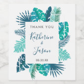 Blue Botanical Beach Palm Foliage Weddenschap Wijn Etiket (Enkel label)