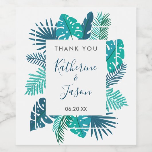 Blue Botanical Beach Palm Foliage Weddenschap Wijn Etiket (Enkel label)