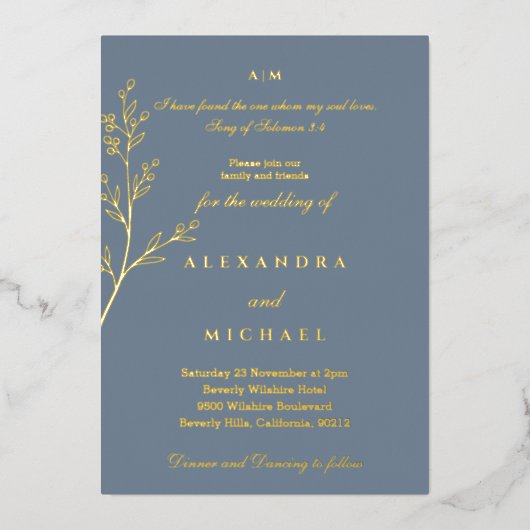 Blue Botanical Bible Verse Christian Wedding Gold Folie Uitnodiging (Voorkant)