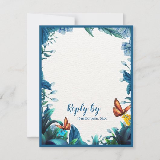 Blue Botanical Butterfly QR Code Wedding reply By RSVP Kaartje (Voorkant)