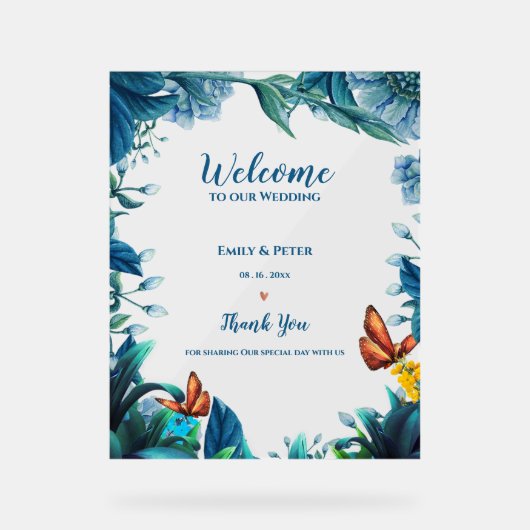 Blue Botanical Butterfly Welcome To Our Wedding Acryl Bord (Voorkant)
