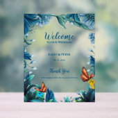 Blue Botanical Butterfly Welcome To Our Wedding Acryl Bord (Neutraal)