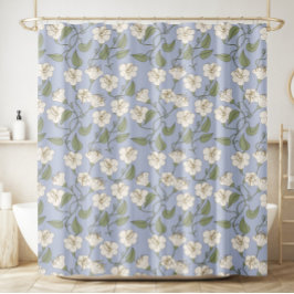 Blue botanical cottagecore floral shower curtain douchegordijn