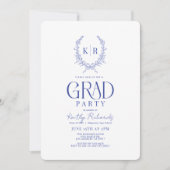 Blue Botanical Crest Monogram Afstuderen Kaart (Voorkant)