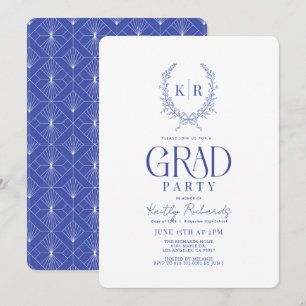 Blue Botanical Crest Monogram Afstuderen Kaart