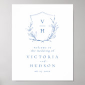 Blue botanical crest monogram bruiloft welkomstbor poster (Voorkant)