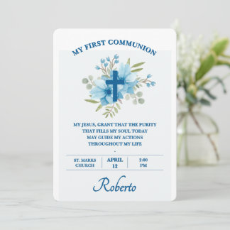 Blue Botanical Cross First Holy Communion  Kaart