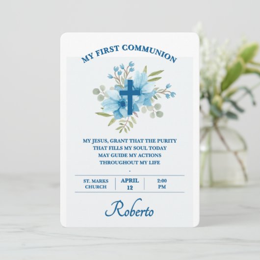 Blue Botanical Cross First Holy Communion  Kaart (Staand voorkant)