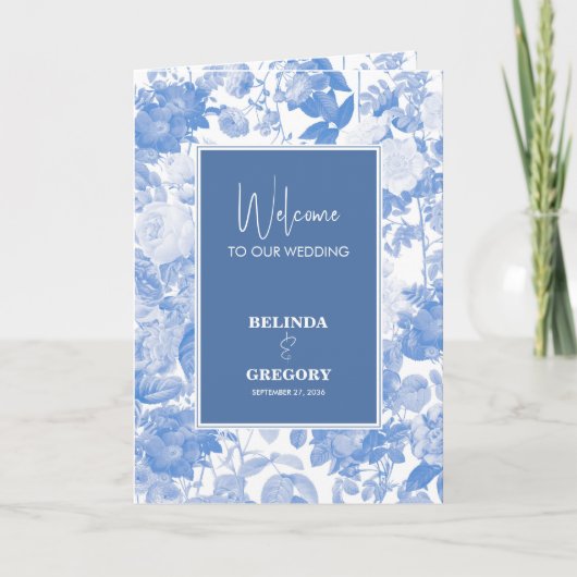 Blue Botanical Florals Wedding Order of Service Programma (Voorkant)