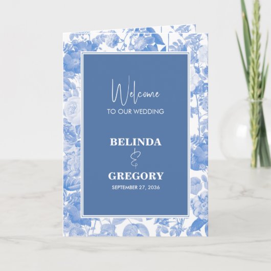 Blue Botanical Florals Wedding Order of Service Programma (Voorkant)