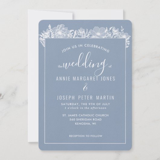 Blue Botanical Framed Wedding Invitation Kaart (Voorkant)