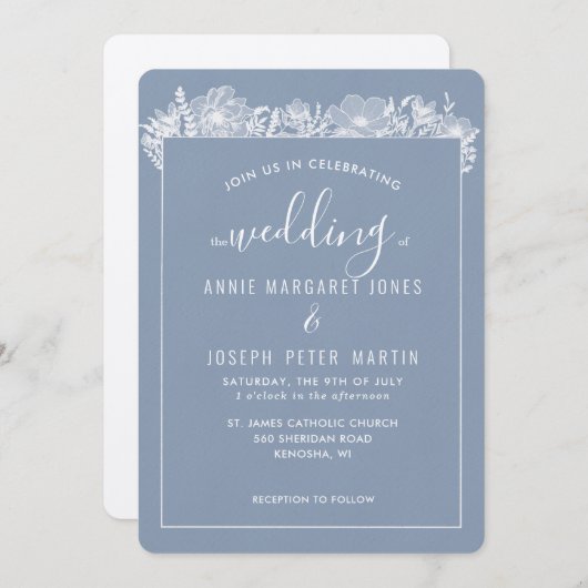 Blue Botanical Framed Wedding Invitation Kaart (Voorkant / Achterkant)