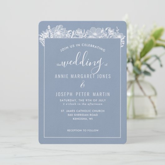 Blue Botanical Framed Wedding Invitation Kaart (Staand voorkant)