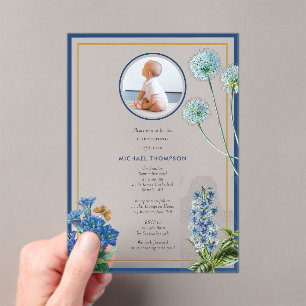 Blue Botanical Gold Baptism Christening Boy Foto Acryl Uitnodigingen