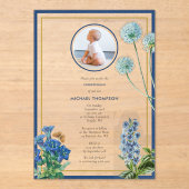 Blue Botanical Gold Baptism Christening Boy Foto Acryl Uitnodigingen (Voorkant)