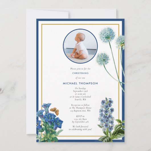 Blue Botanical Gold Baptism Christening Boy Foto Kaart (Voorkant)