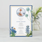 Blue Botanical Gold Baptism Christening Boy Foto Kaart (Staand voorkant)