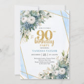 Blue Botanical Gold Frame 90th Birthday Invite Kaart (Voorkant)