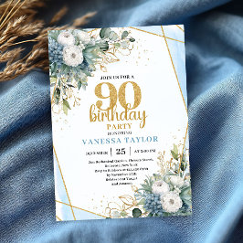 Blue Botanical Gold Frame 90th Birthday Invite Kaart