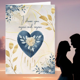 Blue Botanical Heart with Gold Script Accents Feestdagen Kaart