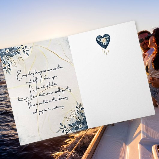 Blue Botanical Heart with Gold Script Accents Feestdagen Kaart