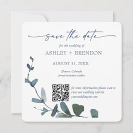 Blue Botanical Leaf Save the Date w/QR Code+Image Kaart