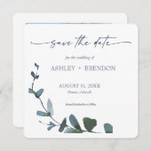 Blue Botanical Leaf Save the Date w/QR Code+Image Kaart (Voorkant / Achterkant)