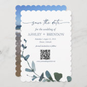 Blue Botanical Leaf Save the Date w/QR + Image Kaart (Voorkant / Achterkant)