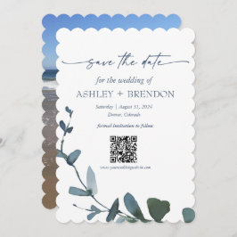 Blue Botanical Leaf Save the Date w/QR + Image Kaart