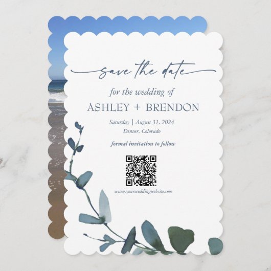 Blue Botanical Leaf Save the Date w/QR + Image Kaart (Voorkant / Achterkant)