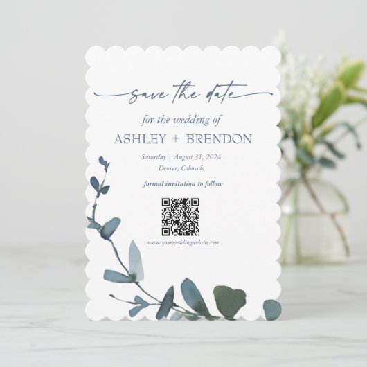 Blue Botanical Leaf Save the Date w/QR + Image Kaart (Staand voorkant)