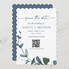 Blue Botanical Leaf Save the Date w/QR + Image Kaart