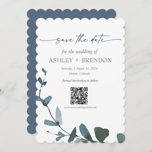 Blue Botanical Leaf Save the Date w/QR + Image Kaart (Voorkant / Achterkant)