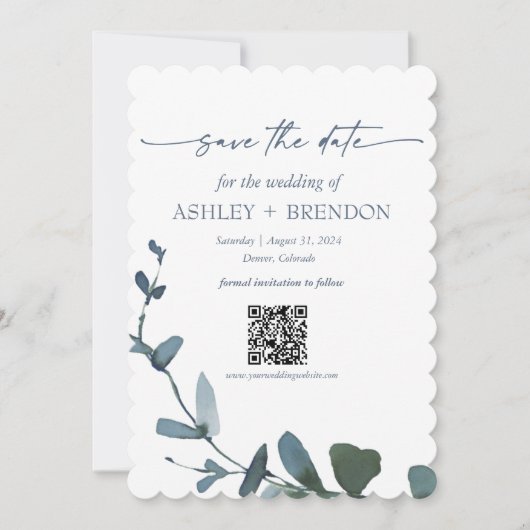Blue Botanical Leaf Save the Date w/QR + Image Kaart (Voorkant)