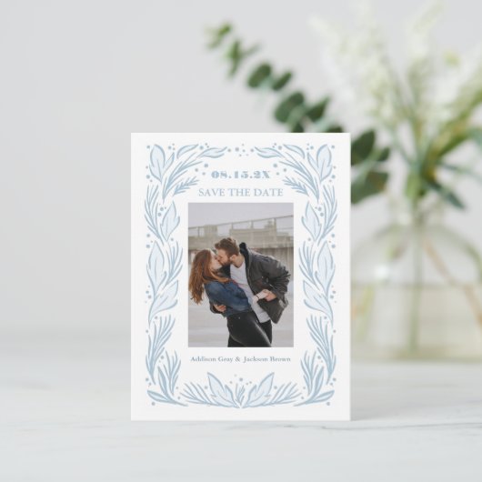 Blue Botanical Lijst Save the Date Briefkaart (Staand voorkant)