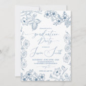 Blue Botanical Line Art Graduation Invite Kaart (Voorkant)