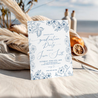 Blue Botanical Line Art Graduation Invite Kaart