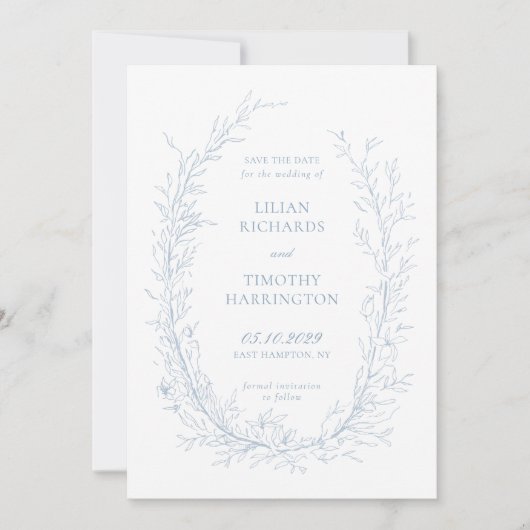 Blue Botanical Line Art Lijst Bruiloft Save The Date (Voorkant)