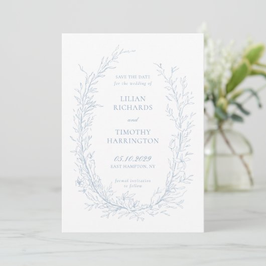 Blue Botanical Line Art Lijst Bruiloft Save The Date (Staand voorkant)