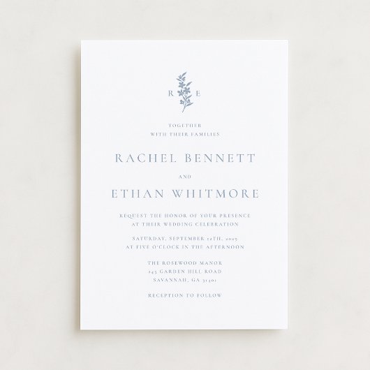 Blue Botanical Motif Wedding Invitation Aankondiging