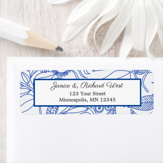Blue Botanical Navy Lijst Wedding Address Etiket (Insitu)